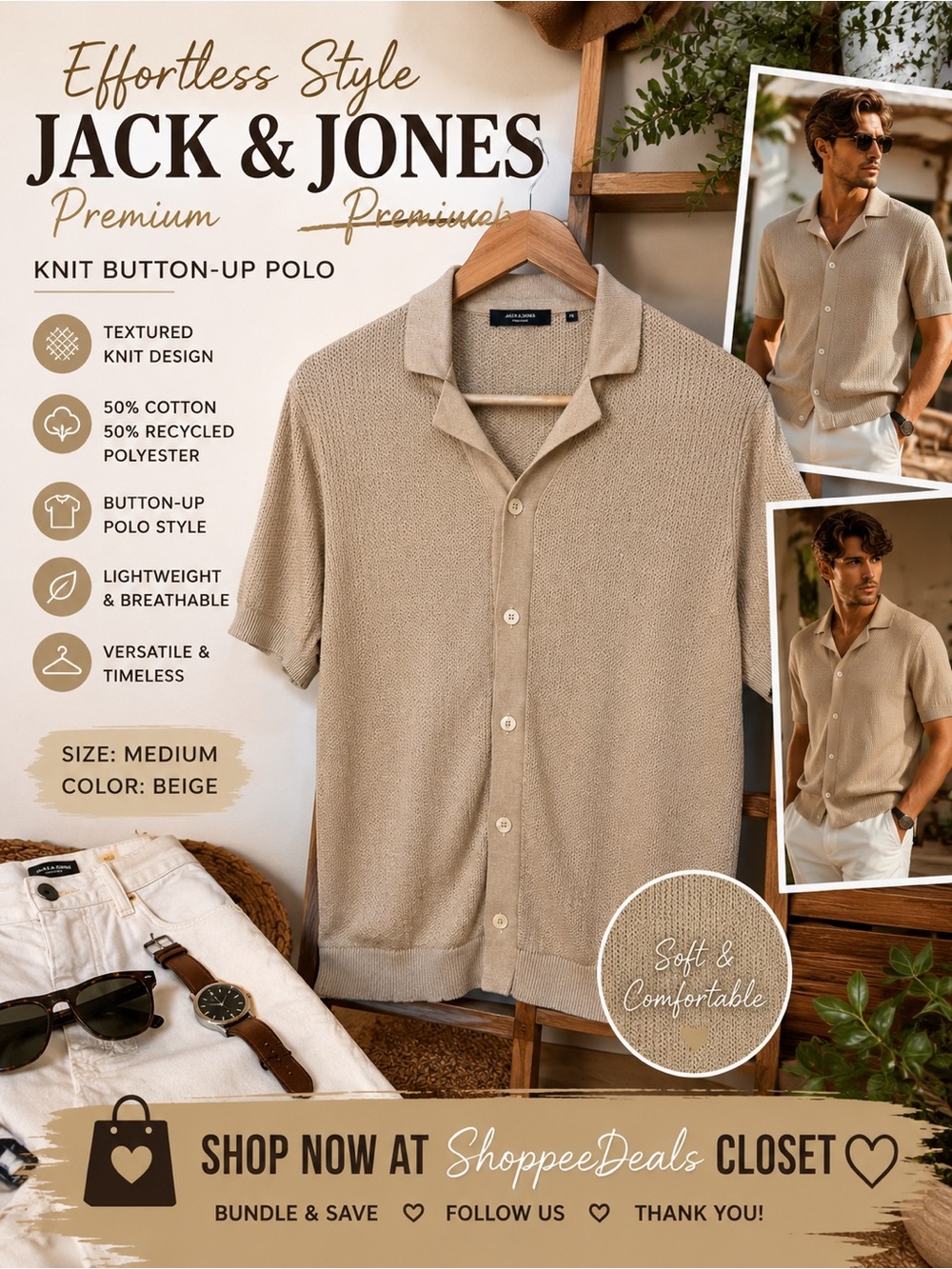 JACK & JONES Premium Beige Knit Button-Up Polo Shirt Men’s Medium